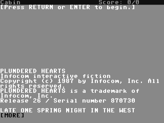 Plundered Hearts title screen for Commodore 64